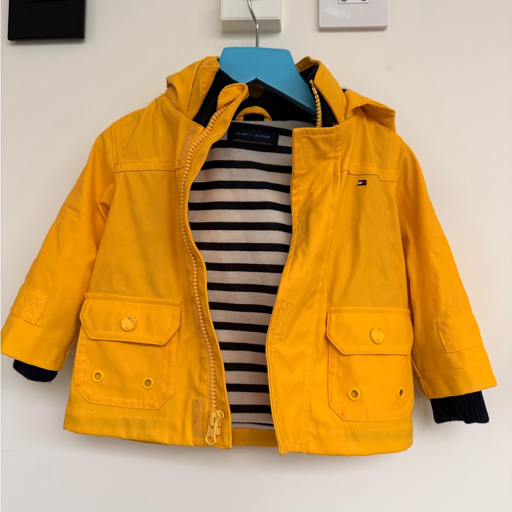 Tommy Hilfiger Kids Bright Yellow Hooded Raincoat With Striped Lining